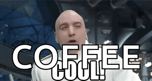 a bald man is holding a cup of coffee with the words coffee cool written above him .