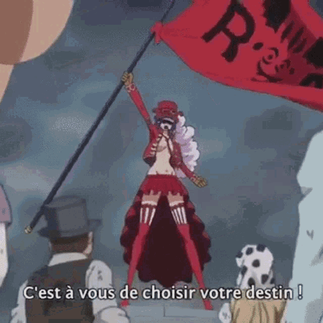 a woman in a red dress is holding a red flag and says c'est a vous de choisir votre destin !