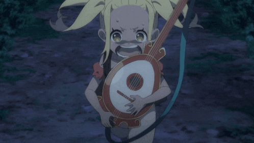 a little girl with blonde hair is holding a guitar