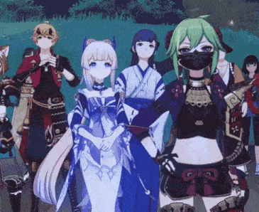 a group of anime characters are standing in a field