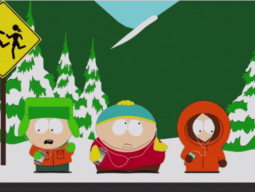 three south park characters standing in front of a crosswalk
