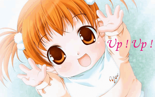 a little girl is wearing a bib that says " up ! up "