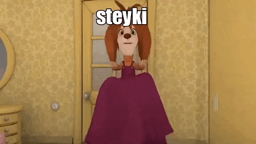 a cartoon dog wearing a purple dress is standing in front of a door with the word steyki on it .