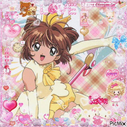 a picture of a girl with a crown on her head is surrounded by pink hearts and says picmix at the bottom