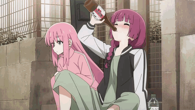 a girl with pink hair drinking from a bottle that says ' coca cola ' on it