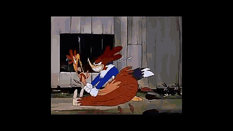 woody woodpecker is standing next to a large chicken in a cartoon