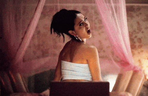 a woman is sitting on a bed in front of a pink canopy bed .