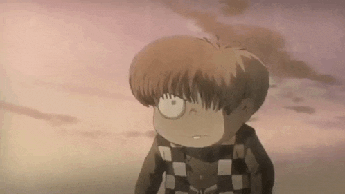 a cartoon character with a scarf around his neck is looking at something