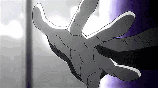 a close up of a person 's hand reaching out in a black and white cartoon .