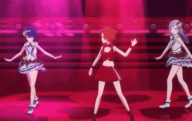 three anime girls are dancing together on a stage in a dark room .