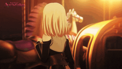 a girl is standing in front of a merry go round with the words ave marika on the bottom right