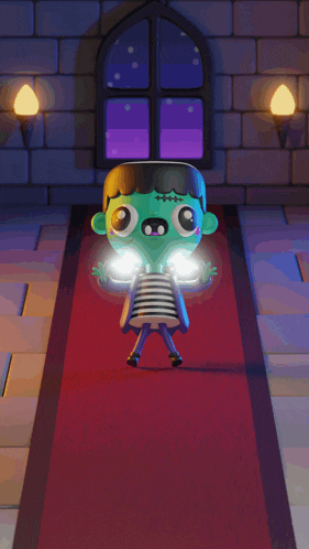 a cartoon character standing on a red carpet with glowing eyes