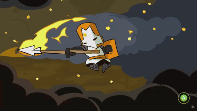 a cartoon of a knight holding a spear with the letter a in the upper right corner