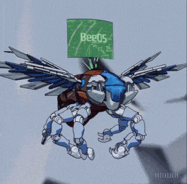 a drawing of a robot with wings and a sign that says bee05