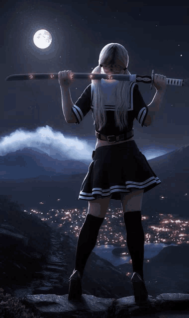 a girl in a sailor outfit holds a sword over her head