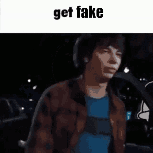 a cartoon of a man standing in front of a car with the words `` get fake '' written on it .