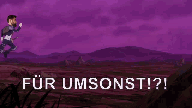 a man with a beard says " für umsonst ! " in a purple background