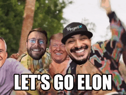 a group of men are posing for a picture and one of them is wearing a trump hat