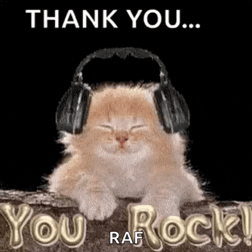a kitten wearing headphones with the words `` thank you ... you rock '' written below it .