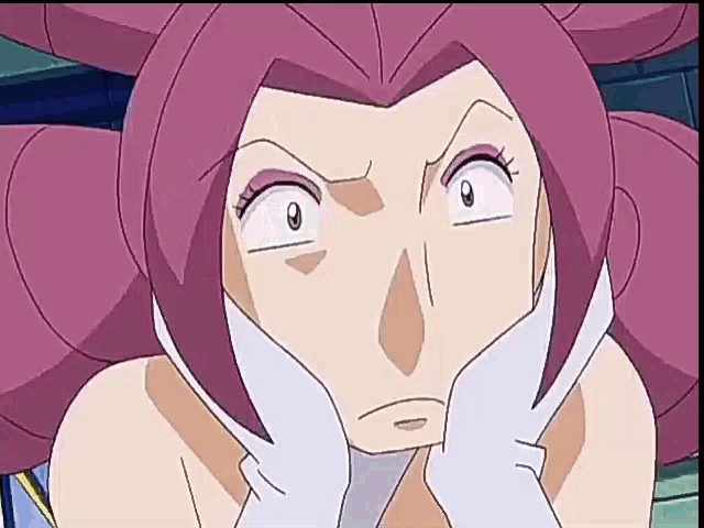 a cartoon character with pink hair and white gloves has her hand on her face