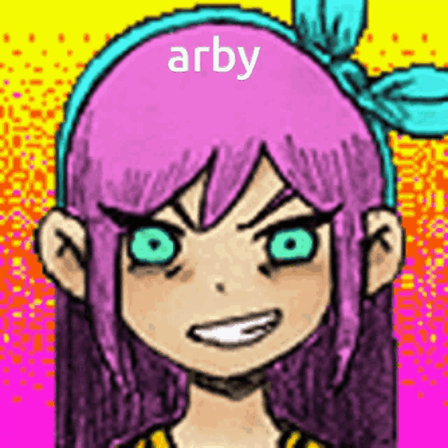 a pixel art drawing of a girl with pink hair and green eyes and the word arby on her head .