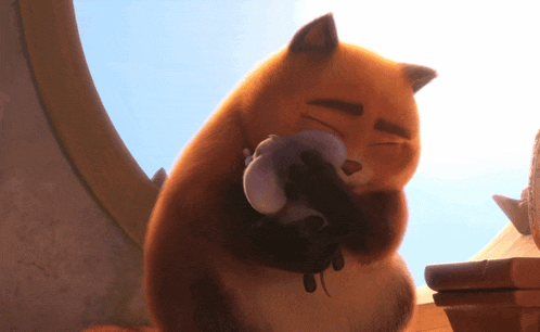 a cartoon fox is holding a white mouse in its paws
