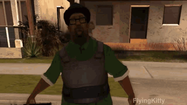 a man in a video game has the name flying kitty on the bottom right