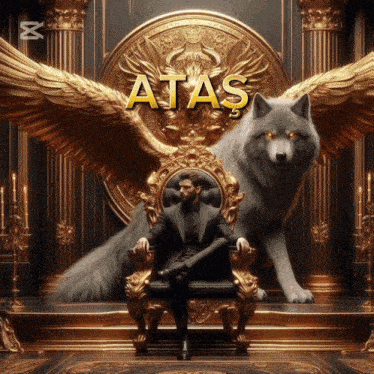 a man in a suit sits on a throne next to a wolf with wings and the word atas on it