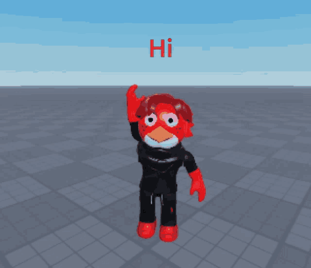 a red angry bird says hi in red