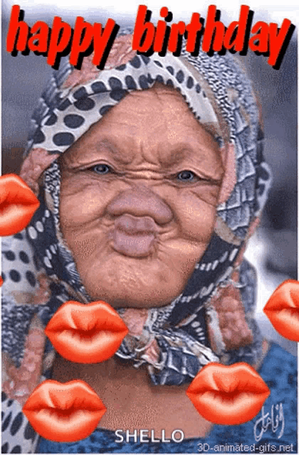 a happy birthday card with a woman wearing a head scarf and red lips