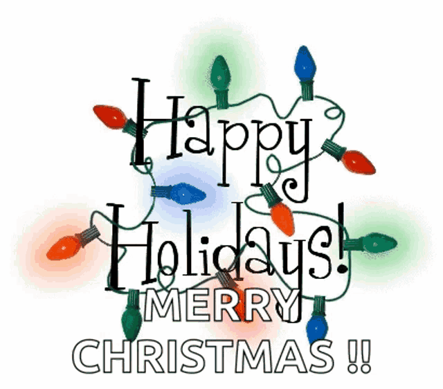a string of christmas lights with the words happy holidays merry christmas written on it