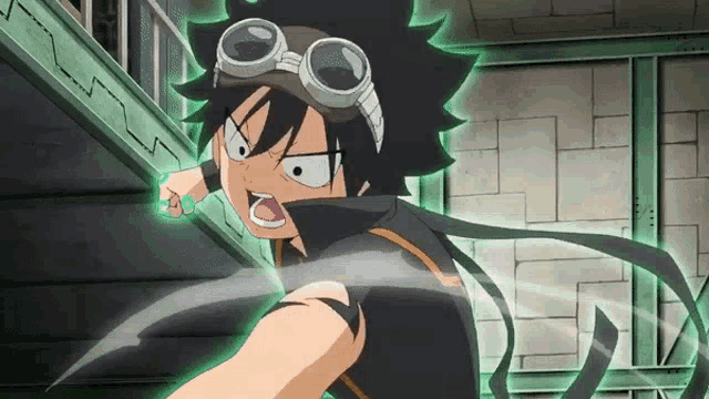 a cartoon character wearing goggles and a black top