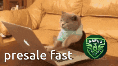 a cat is sitting on a couch using a laptop and the words presale fast are visible