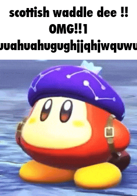 a cartoon character wearing a purple hat says scottish waddle dee omg !!!