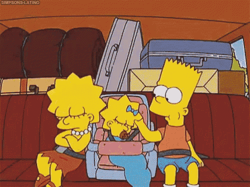 bart simpson and lisa simpson are sitting in the back seat of a car with luggage