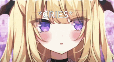 a blonde anime girl with purple eyes and a choker is crying