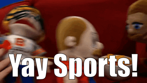 a person is holding a dart next to a puppet that says yay sports