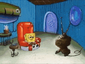 spongebob squarepants is sitting in a chair in a room with a television .