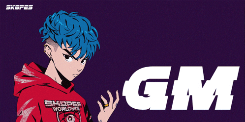 a boy with blue hair is wearing a red shopee worldwide hoodie