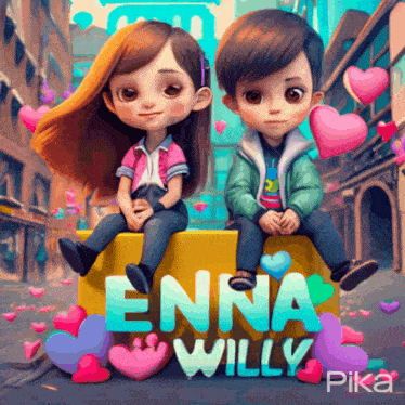 a boy and a girl are sitting on a box with the words enna willy on it
