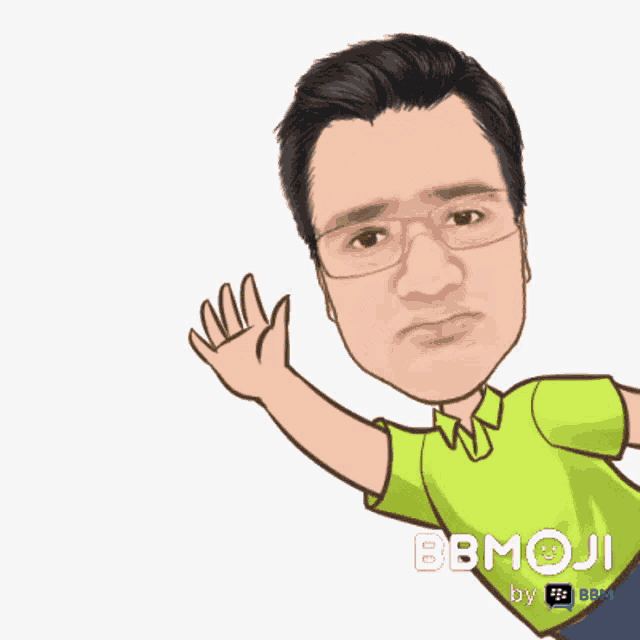 a cartoon of a man wearing glasses and a green shirt says bbmoji by bbm