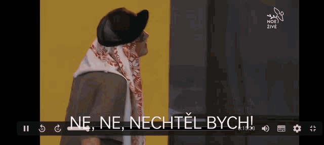 a screen shows a man wearing a hat and a scarf with the words ne ne nechtel bych