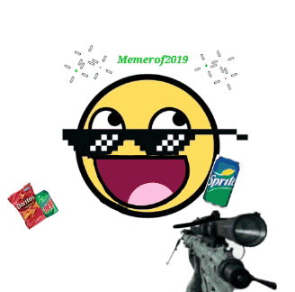 a meme of a smiley face wearing sunglasses and holding a rifle