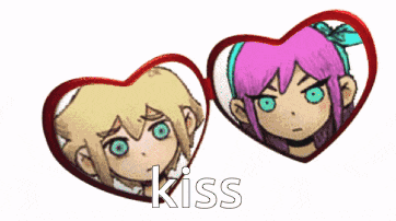 a boy and a girl in heart shaped frames with the word kiss on the bottom