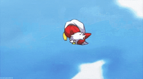 a cartoon character is flying through a blue sky with a parachute .