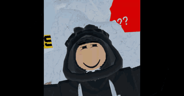a cartoon character is wearing a black hood and smiling in front of a yellow sign that says uj