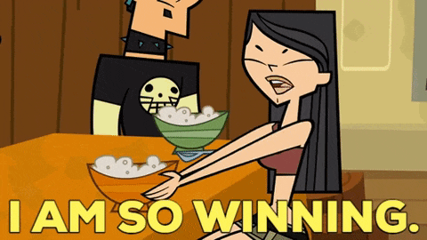 a cartoon of a woman sitting at a table with the words " i am so winning " above her