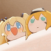 two cartoon characters are laying on a bed and one has a bird on its head