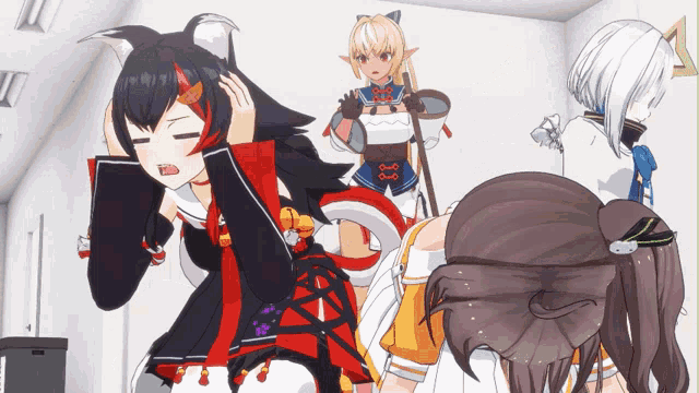 a group of anime characters are standing in a room and one of them is covering her ears