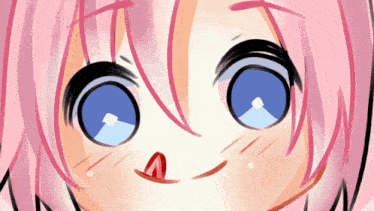 a drawing of a girl with pink hair and blue eyes with a red tongue sticking out